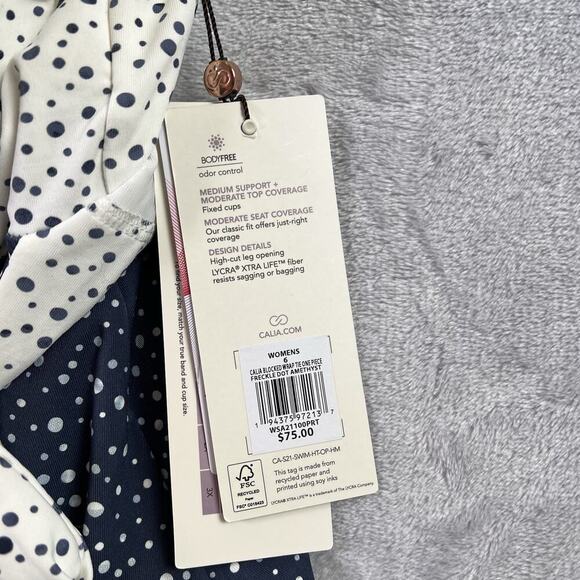 Calia Wrap Tie One Piece Swimsuit Women's 6 NWT Dotted White/Blue Summer V Neck - Picture 6 of 16